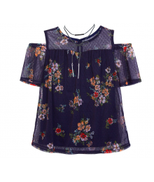By & By Girl Navy With Pink Flower Cold Shoulder Blouse 